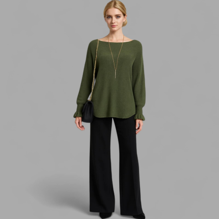 Pulover tricotat verde kaki  decolteu barcuta si volane la maneci [2]