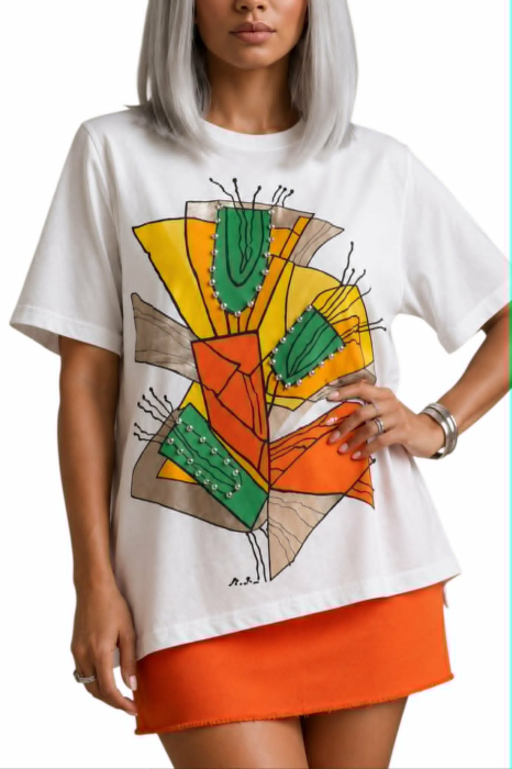 Bluza din bumbac cu imprimeu abstract si pietre argintii [2]