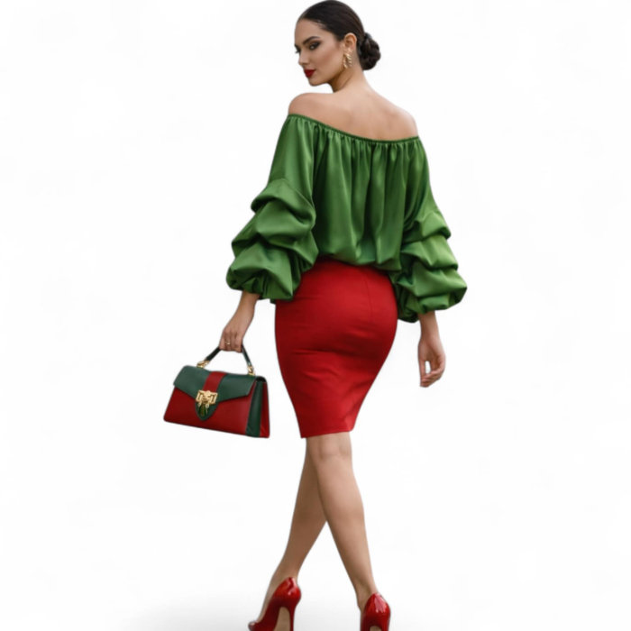 Bluza verde din satin cu maneci lungi bufante in trei straturi [3]