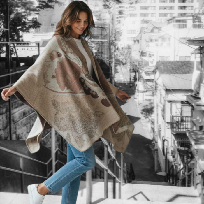 Pelerina tip poncho elegant bej cu imprimeu subtil [1]