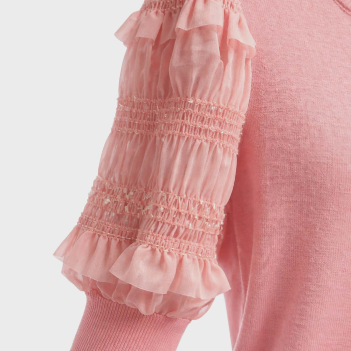 Bluza roz eleganta cu maneci din voal plisat si volane [2]