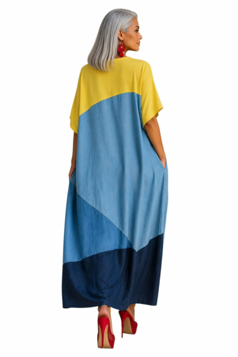 Rochie din bumbac si denim pentru marime mare cu buzunare laterale [2]