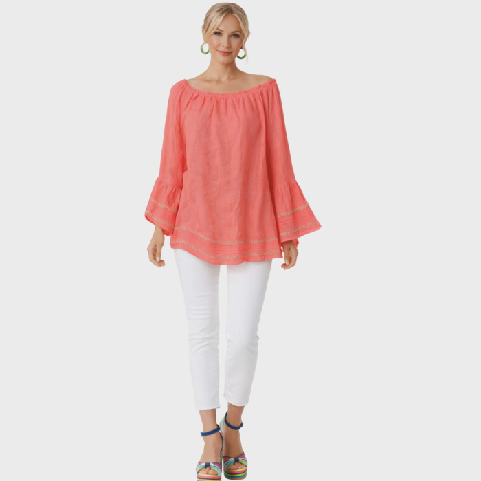 Bluza roz din in croi larg si volane la maneci [3]