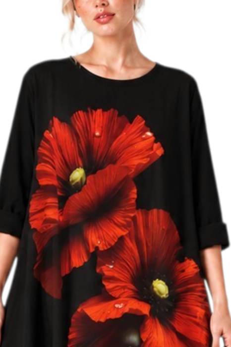 Rochie asimetrica cu impreu flori de mac si buzunare laterale [2]