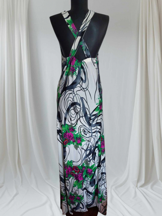 Rochie Lunga de Vara din Lycra cu Imprimeu Flori Mov si Bretele in X [2]