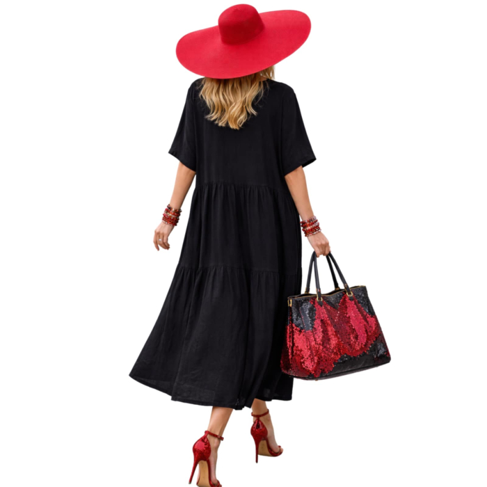 Rochie neagra  lunga din in cu buzunare ascunse laterale [2]