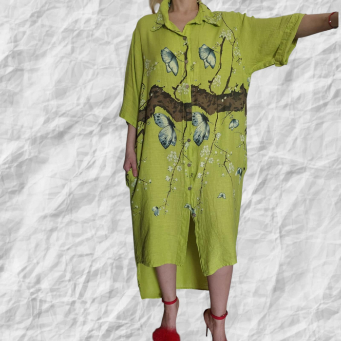 Rochie Lunga Asimetrica din In Tip Camasa cu Imprimeu Floral [3]