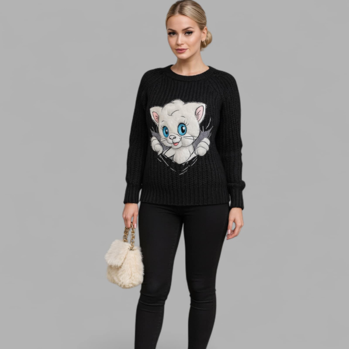 Pulover tricotat gros cu imprimeu pisica pufoasa si decolteu rotund [2]