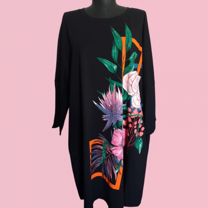Rochie din Bumbac pe Fond Negru cu Imprimeu Floral [1]