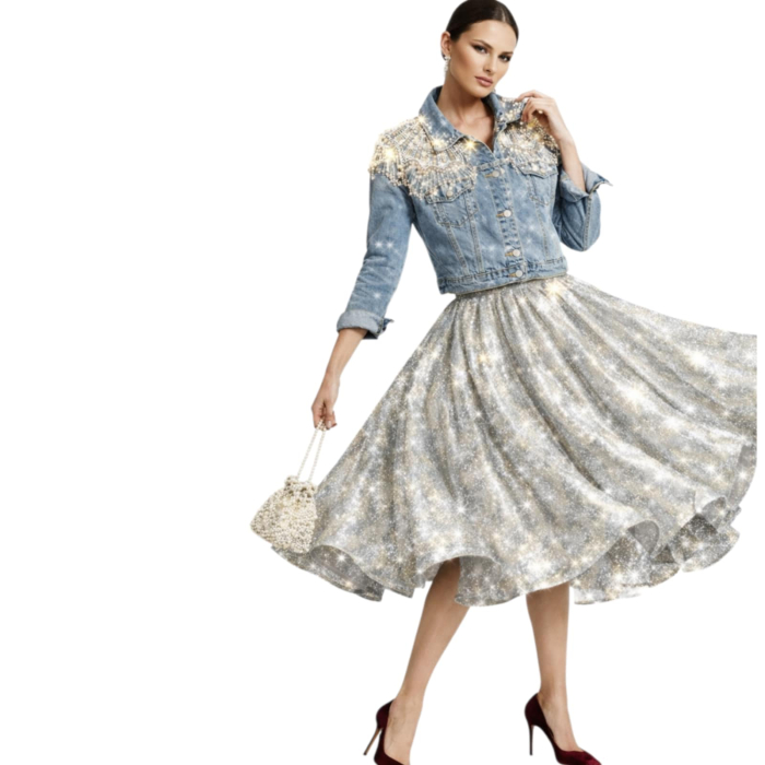 Geaca  spectaculoasa din denim cu aplicatii perle si strasuri argintii [2]