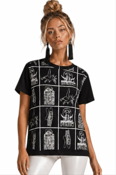 Bluza din bumbac pe fond negru cu imprimeuri albe [3]