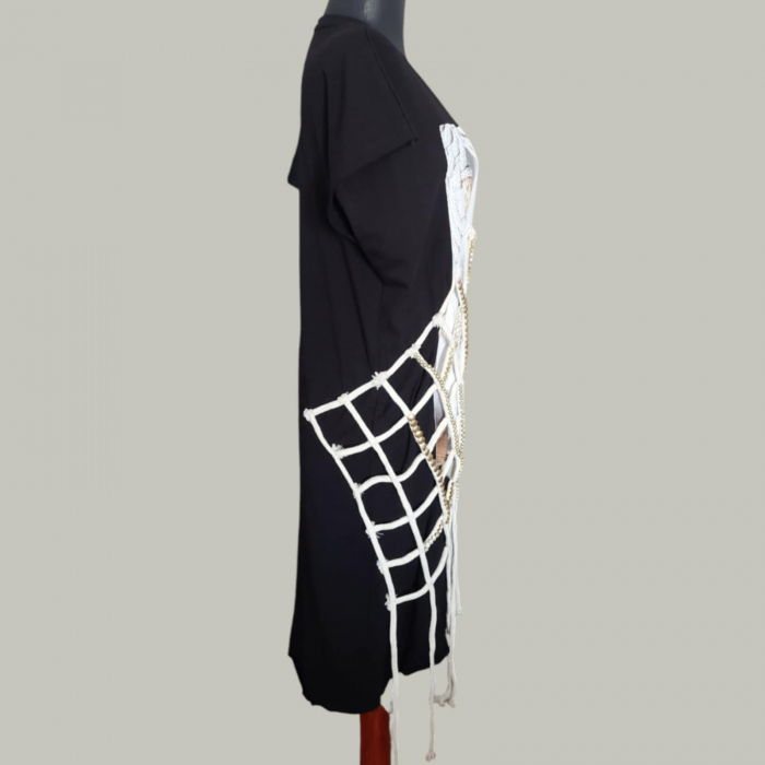 Rochie Asimetrica din Bumbac cu Pietre Argintii si Snururi [2]