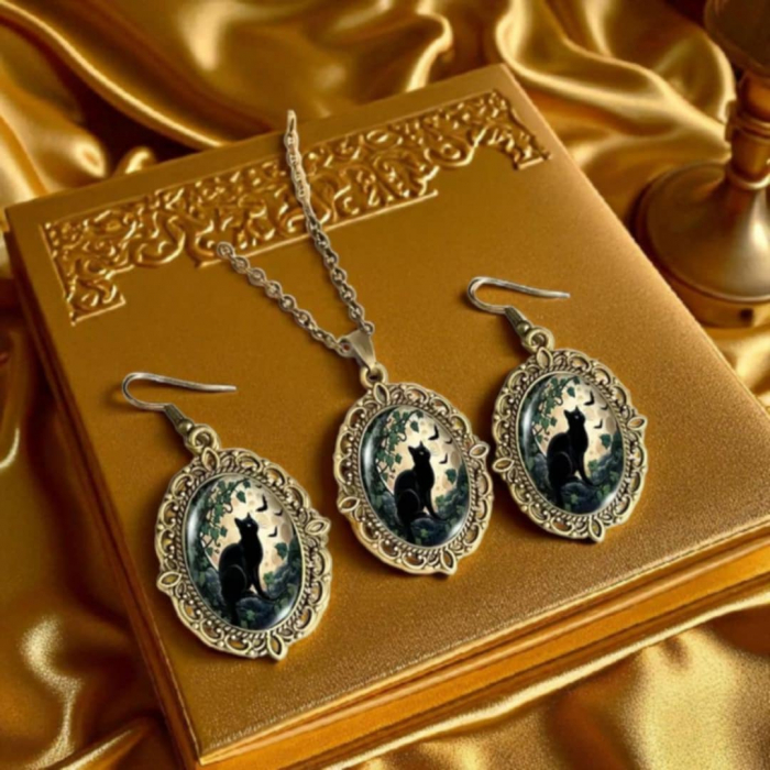 Set din metal gablont cu aspect vintage si pandant pisica neagra [1]