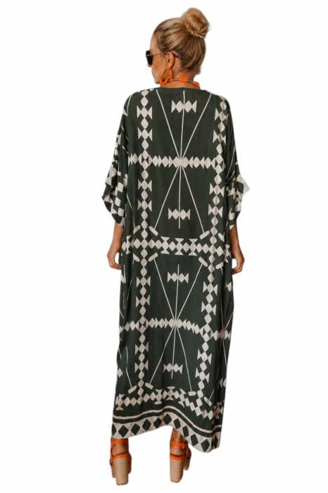 Rochie asimetrica   din vascoza pe fond verde kaki cu imprimeu geometric [2]