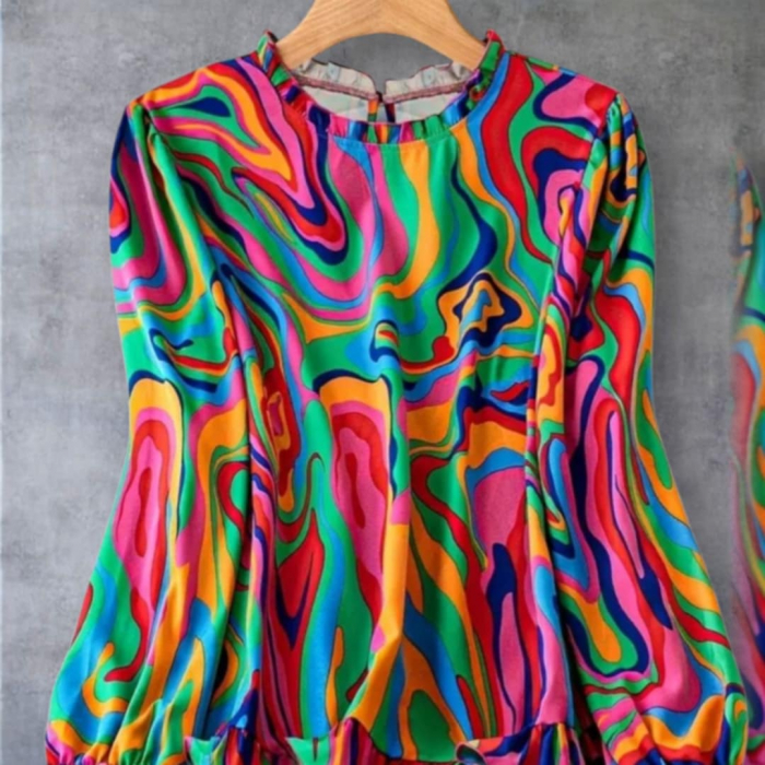 Bluza Cu Imprimeu Abstract si Maneci Lungi Clopot si volane [1]