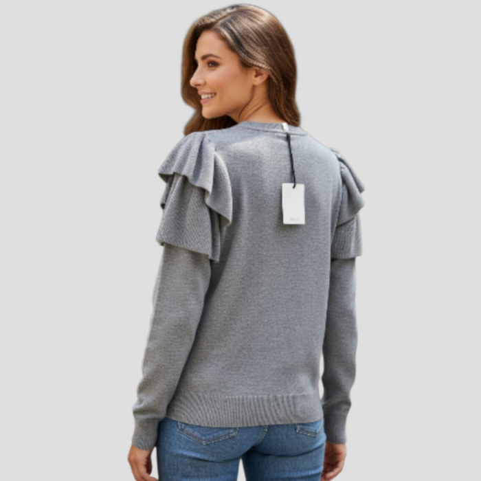 Pulover gri cu volane la maneci si decolteu pentru tinute moderne [3]