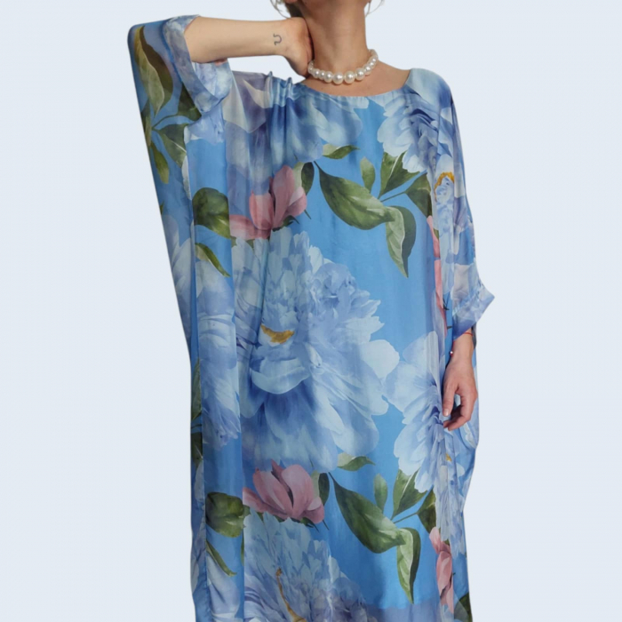 Rochie din Matase si Vascoza tip Poncho cu Imprimeu Floral [3]