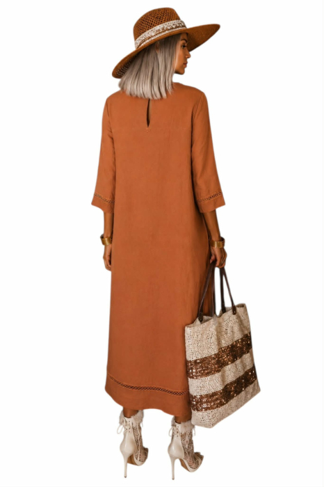 Rochie din bumbac maronie cu model discret si buzunare [2]