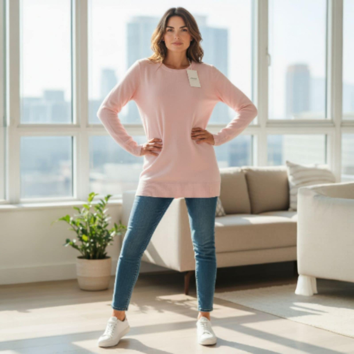 Pulover roz pal pentru colanti  cu decolteu rotund la baza gatului [3]