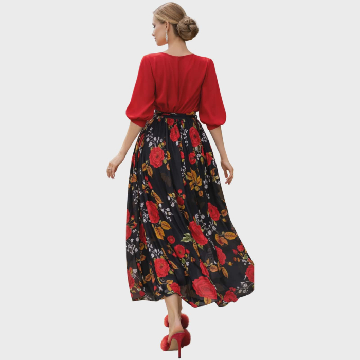 Fusta usor clos pe fond negru cu imprimeu floral si banda elastica [2]