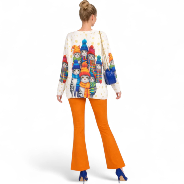 Pulover pentru sezon rece cu imprimeu pisici si maneci lungi [3]