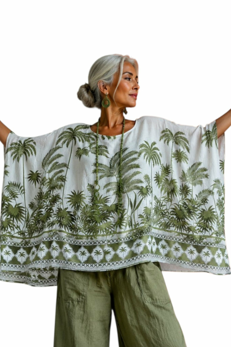 Bluza din vascoza croi larg tip poncho cu imprimeu frunza verzi [2]