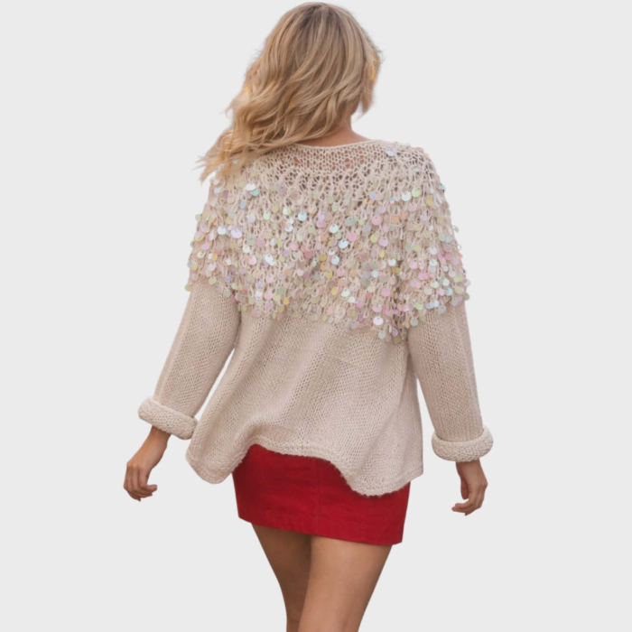 Cardigan elegant crem din tricot lucrat manual cu paiete cusute [2]