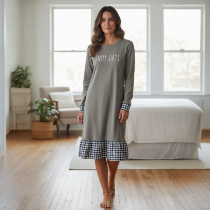 Rochie din bumbac casual gri si croi drept cu dantela in carouri [4]