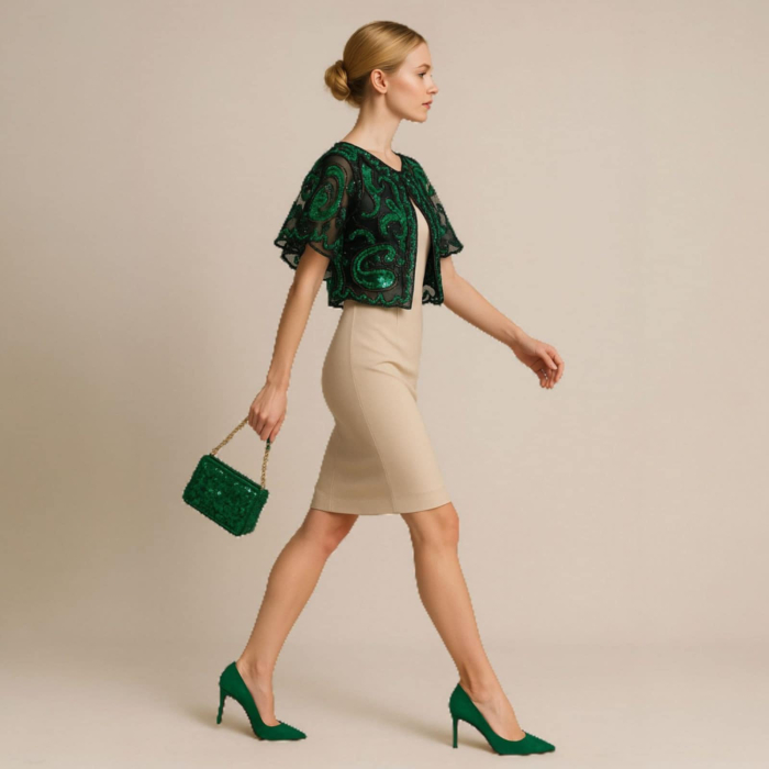 Bolero elegant din Tulle Negru Brodat cu Paiete Verzi Stralucitoare [4]