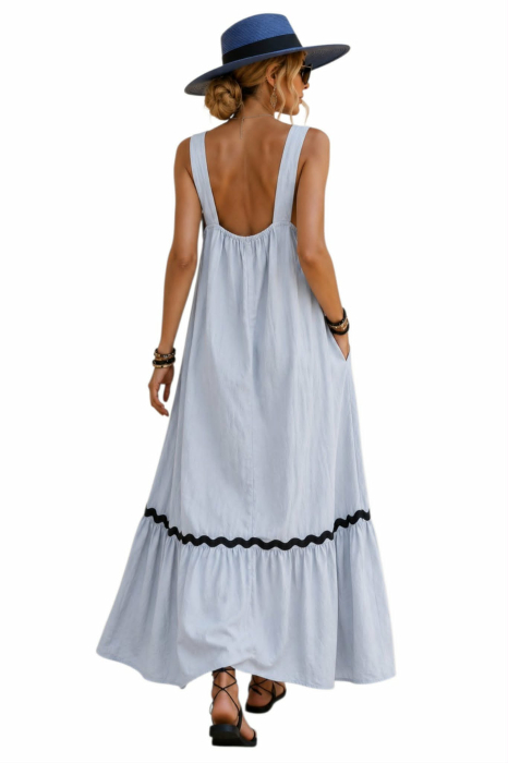 Rochie lunga din bumbac bleumarin pal cu design lalele stilizate [2]