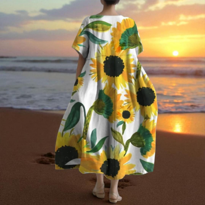 Rochie Baby Doll cu Imprimeu Floarea Soarelui Supradimensionata si Buzunare [2]