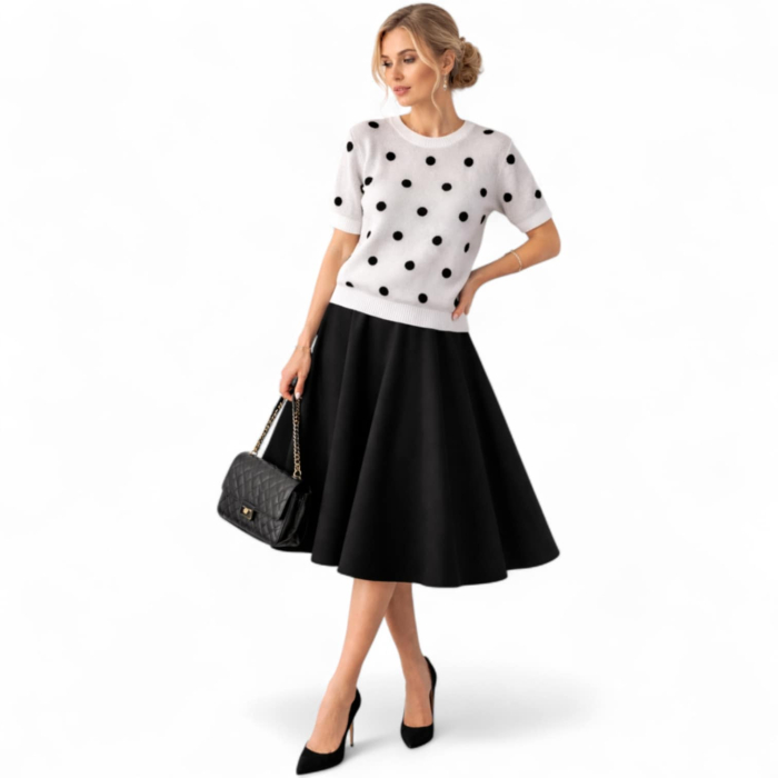 Pulover tip bluza din tricot cu buline negre si maneci scurte [2]