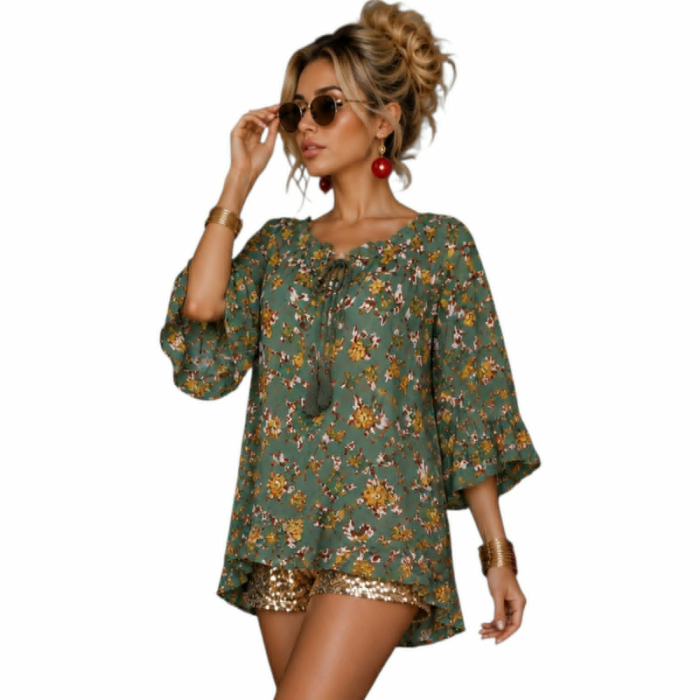 Bluza fond  verde cu imprimeu floral si volane la maneci [3]