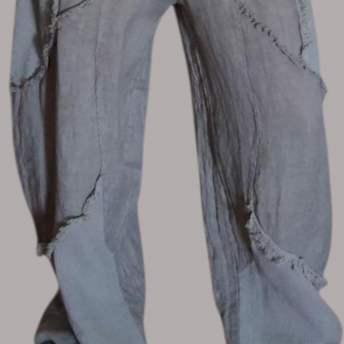 Pantaloni croi larg gri din in cu aspect zdrenturos [3]