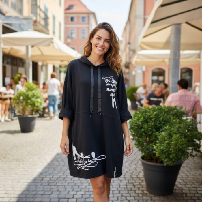 Rochie neagra din bumbac tip hanorac cu imprimeu alb pisici [1]
