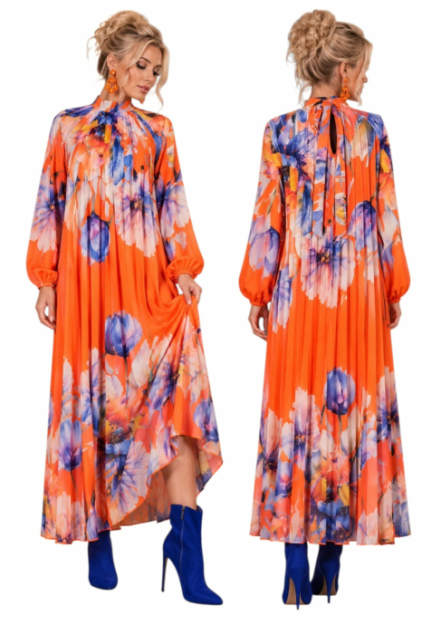 Rochie lunga plisata  din satin  cu imprimeu floral [4]