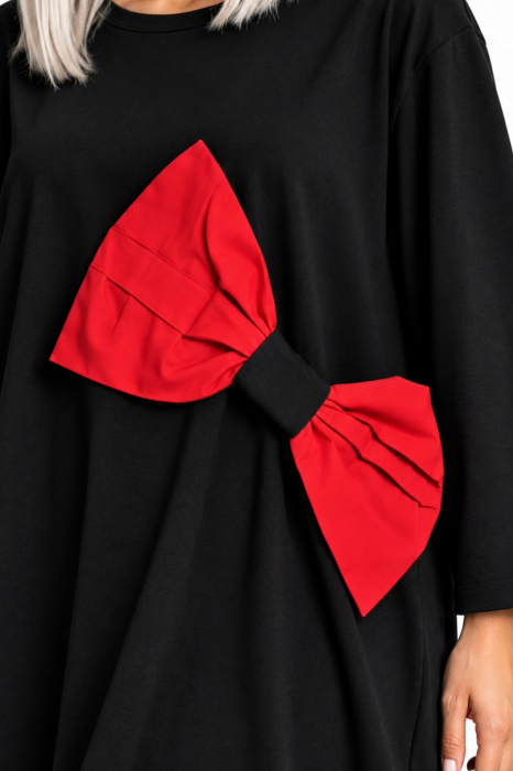 Rochie din bumbac pe fond negru si funda supradimensionata rosie [2]