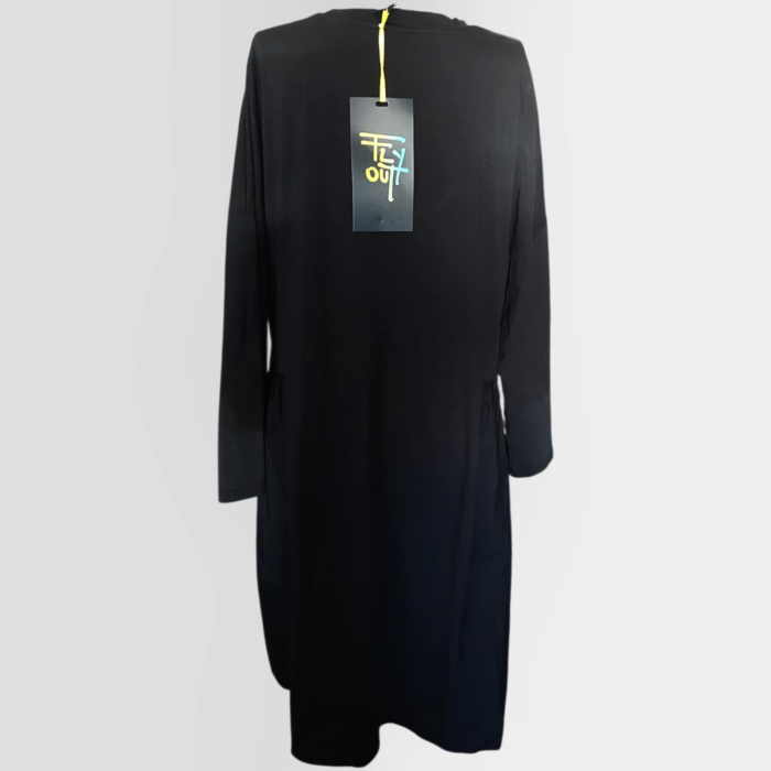 Rochie neagra midi cu imprimeu artistic albastru si auriu lejera si moderna [3]