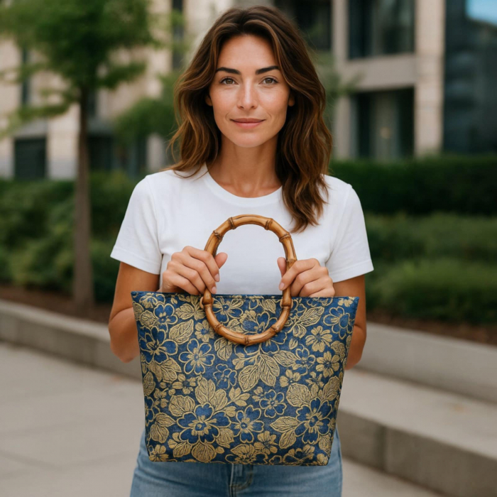 Geanta din Material Textil cu Imprimeu Floral si Manere din Lemn [1]