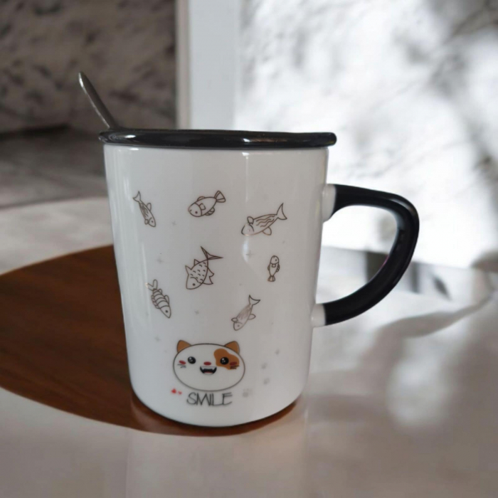 Set Cana Desen Pisica cu Capac si Lingurita din Inox [1]
