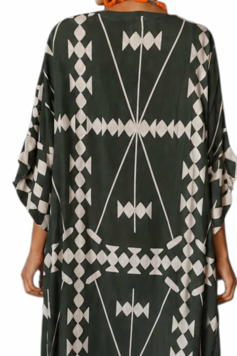 Rochie asimetrica   din vascoza pe fond verde kaki cu imprimeu geometric [3]