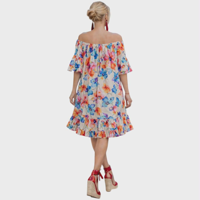 Rochie croi larg pe fond crem cu voalane si elastic la decolteu [3]