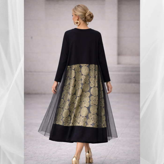 Rochie neagra din bumbac si tulle cu inserii aurii si fir lame [2]