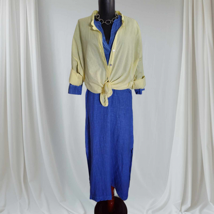 Rochie de Vara din In Bleumarin cu Broderie la Decolteu si Maneca [2]
