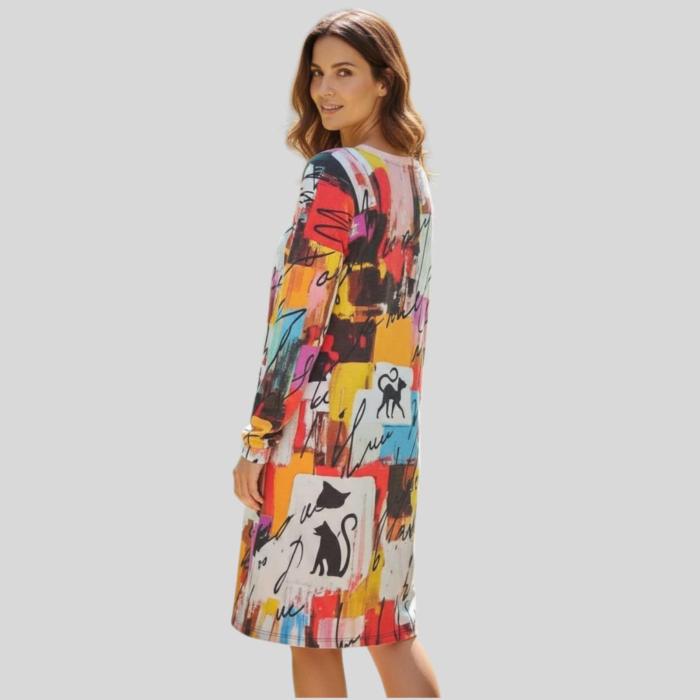 Rochie casual multicolora cu imprimeu abstract si siluete pisici [2]