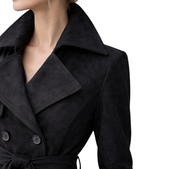 Pardesiu negru din material tip piele intoarsa cu buzunare si cordon [3]