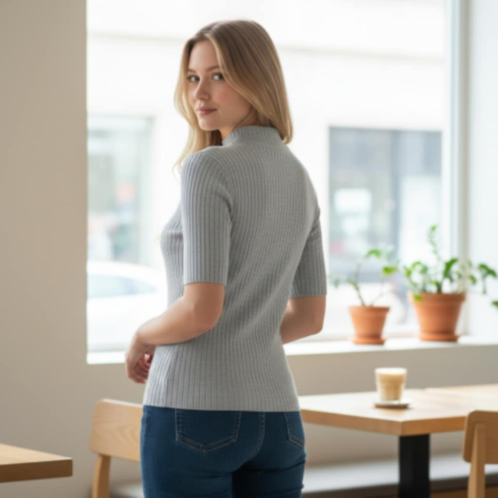 Bluza tricot cu maneca scurta cu guler usor ridicat pe gat [2]