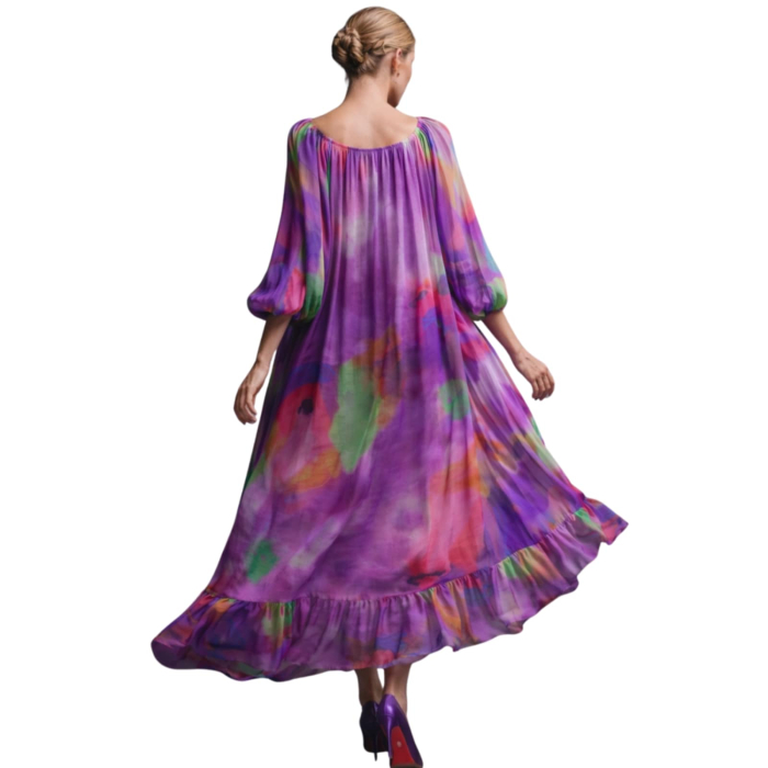 Rochie maxi mov imprimeu artistic multicolor croi amplu cu volan [3]