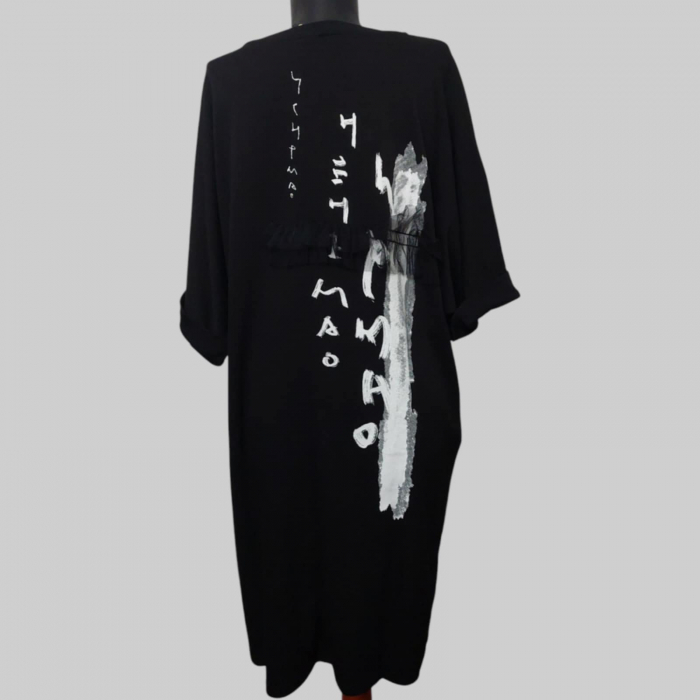 Rochie pe fond negru cu aplicatie tulle si imprimeu alb [3]