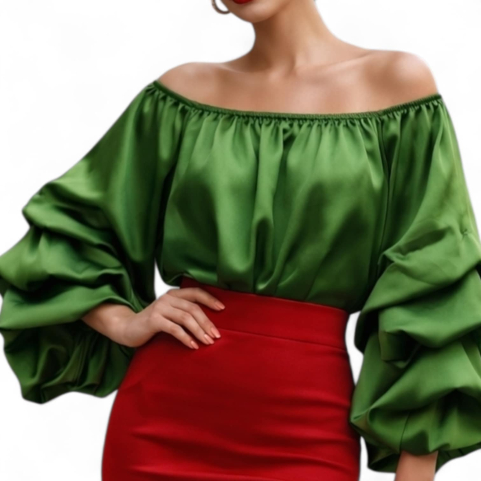 Bluza verde din satin cu maneci lungi bufante in trei straturi [2]